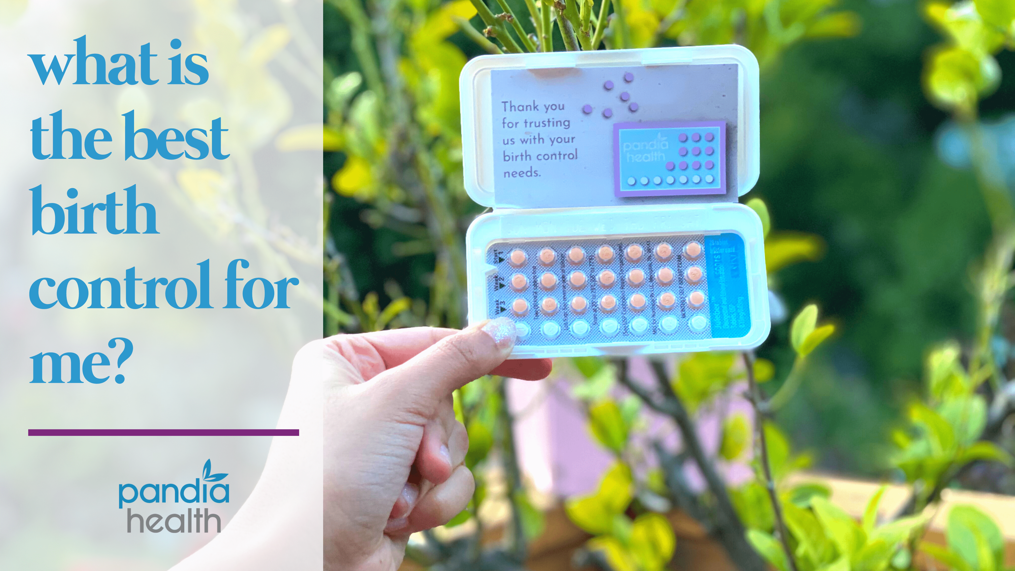 hand holding a blue birth control pill pack open with plants in the background